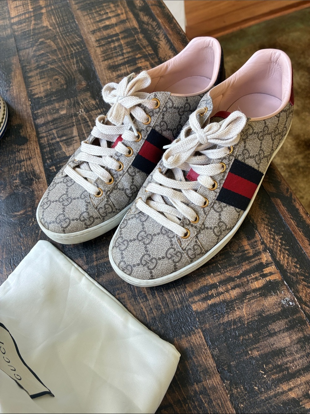 Gucci GG Canvas Sneakers 37.5  with Red & Navy Web and Pink Lining